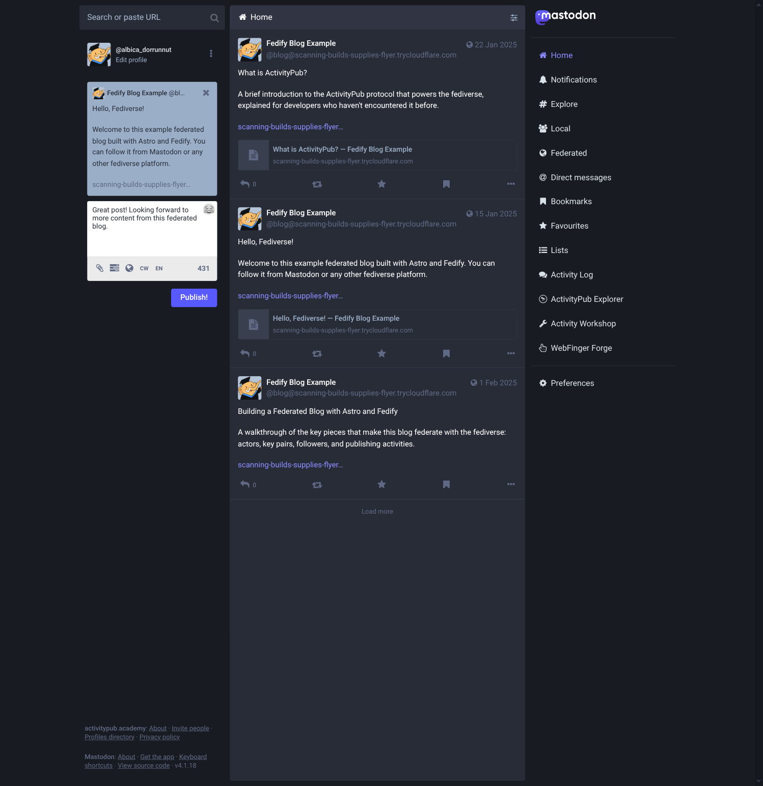 Reply compose box with “Great post! Looking forward to more content from this federated blog.” typed