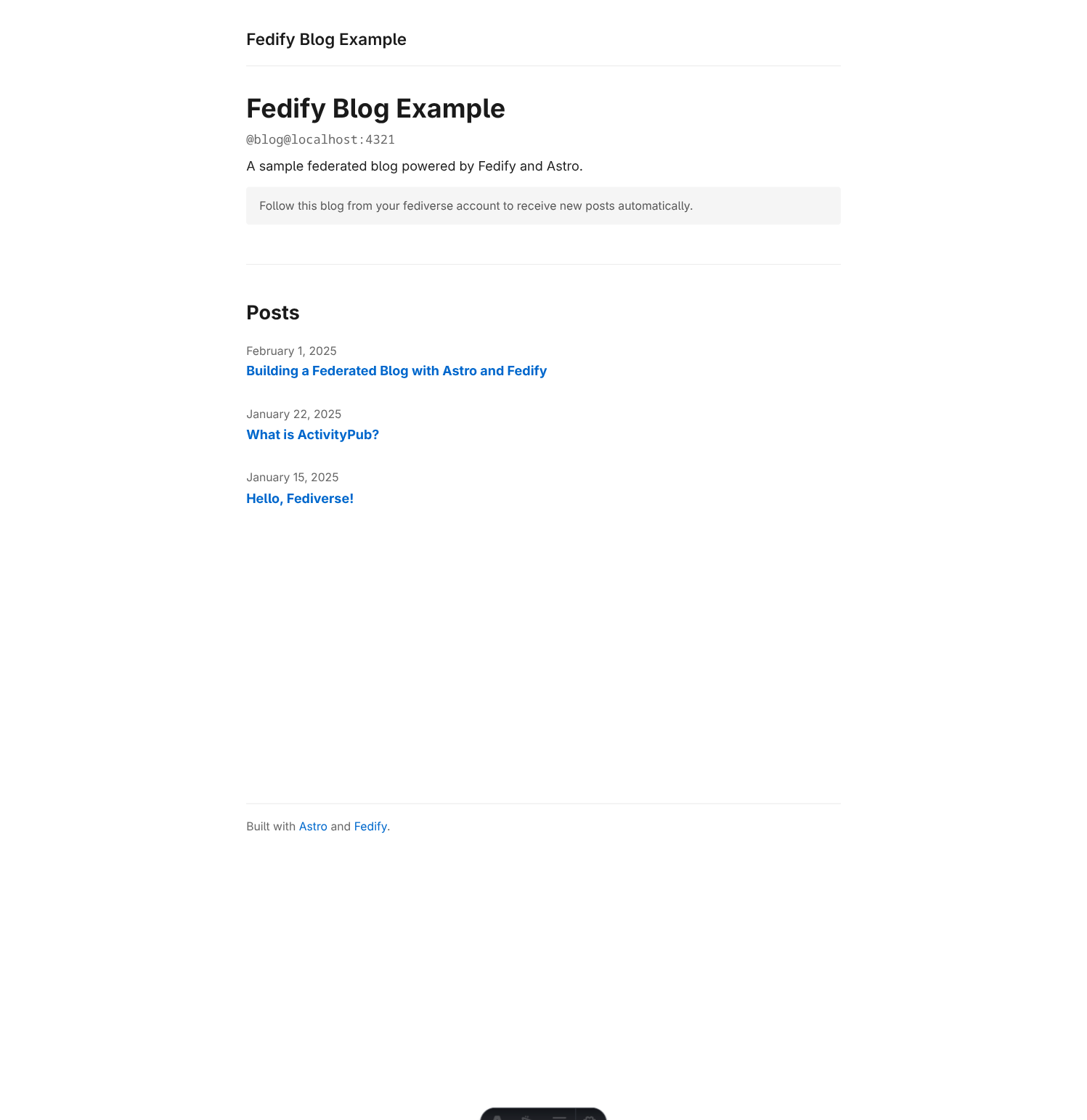 Actor profile page showing blog name, fediverse handle, and post listings